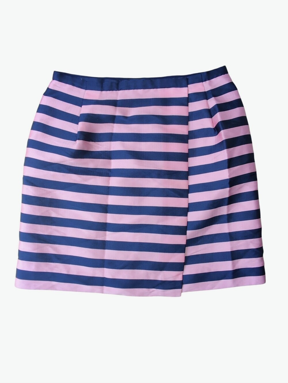 J.Crew Silk Blend Pink Navy Stripe Wrap Skirt Size 12 Preppy Lined Mid Thigh